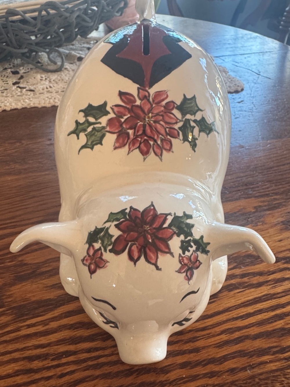 White ceramic Pig Bank with Red Poinsettia Accents 1990’s